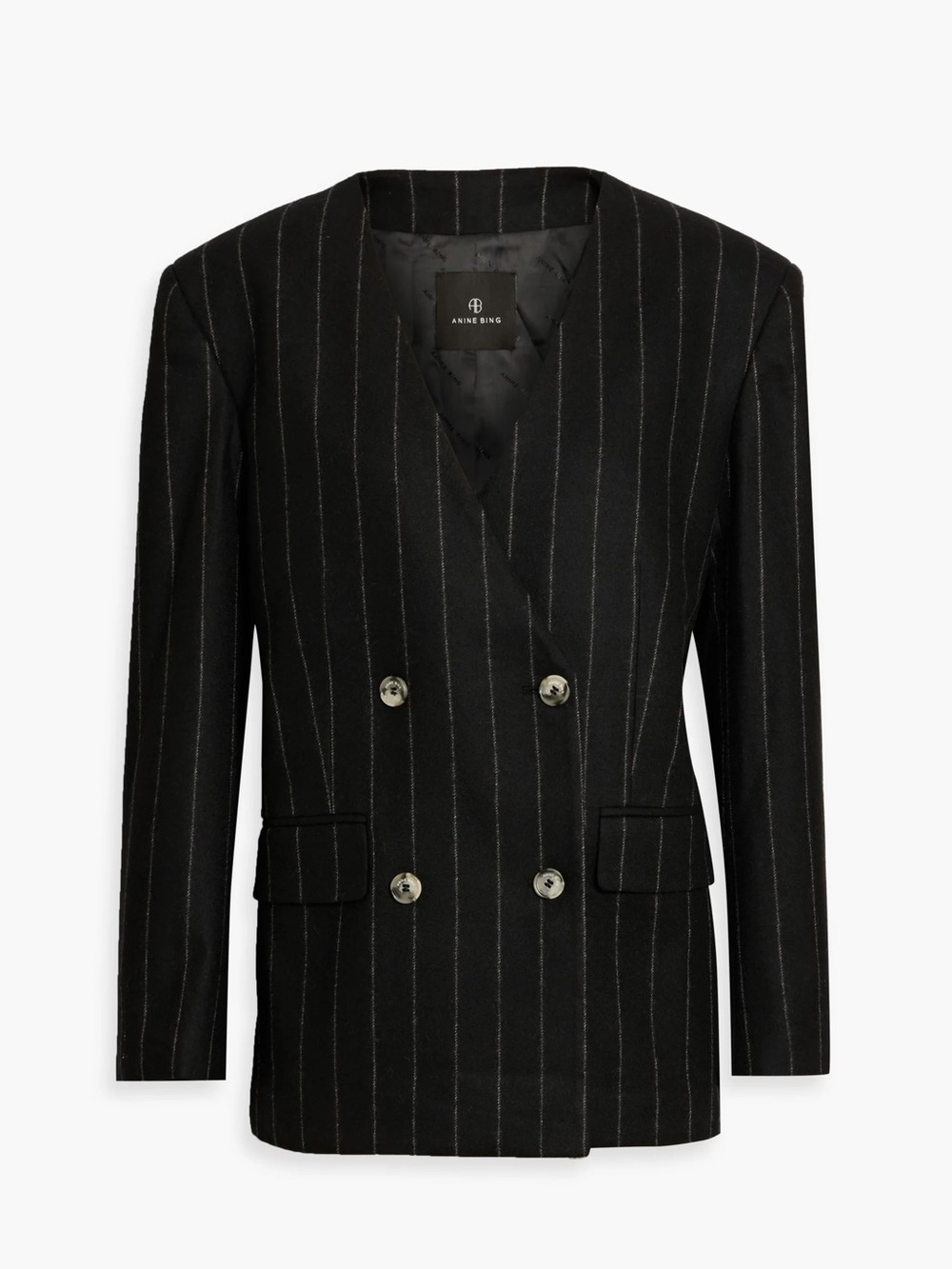 Anine Bing Maron Black Pinstripe Double-Breasted Blazer Wool Blend